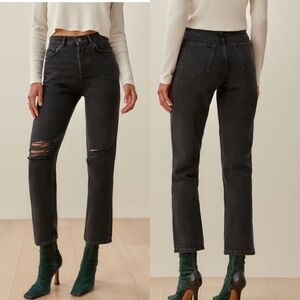 NWT Reformation | Cynthia High Rise Black Destroyed Straight Jeans